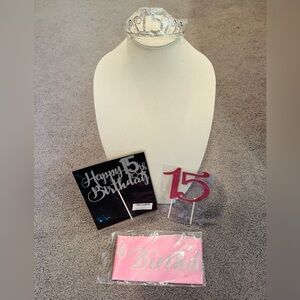 NWT 15th Birthday Party Decorations - Quinceañera Cake Toppers, Crown & Sash